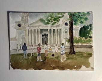 May include: A watercolour painting depicting a group of individuals standing on a grassy lawn in front of a large building with columns. The scene includes a prominent tree on the right side and a dark ball resting on the grass near the centre.