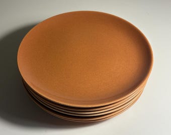 May include: A stack of six round dinner plates with a matte, terracotta-coloured finish. Each plate features a smooth, flat surface with a slightly raised rim, showcasing a consistent, earthy orange tone throughout the entire set.