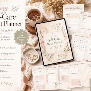 May include: A digital Cozy Self-Care Reset Planner displayed on a tablet screen, surrounded by printed pages featuring floral illustrations. The planner includes sections for daily check-ins, mood tracking, and reflections, all in a soft beige color palette.