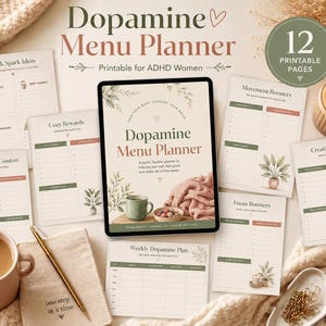 Peut inclure: Un ensemble de planificateur de menu Dopamine comprenant 12 pages imprimables avec des accents vert doux et terre cuite. La tablette centrale affiche le titre, tandis que les feuilles environnantes incluent des sections pour les idées, récompenses et plans.