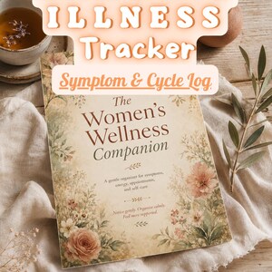 Peut inclure: Un journal de bien-être rectangulaire intitulé The Women's Wellness Companion avec une bordure florale dans des tons roses, verts et bruns. Le texte de couverture indique A gentle organizer for symptoms, energy, appointments, and self-care. Notice gently. Organize calmly. Feel more supported.
