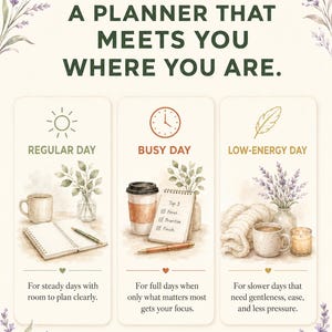 Peut inclure: Un guide de planification avec le texte A PLANNER THAT MEETS YOU WHERE YOU ARE. Trois colonnes illustrent des styles de journée : Regular Day avec un carnet et café, Busy Day avec une liste de tâches et café, et Low-Energy Day avec une bougie.