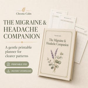 Peut inclure: Un agenda beige intitulé The Migraine & Headache Companion avec une illustration de lavande et d'eucalyptus sur la couverture. L'ensemble comprend des pages imprimables supplémentaires pour la planification quotidienne, un suivi et un aperçu mensuel.