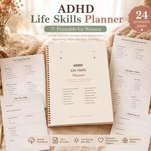 Peut inclure: Un planificateur de compétences de vie ADHD avec 24 pages imprimables, comprenant une couverture à spirale et plusieurs feuilles volantes. Le planificateur inclut des sections pour les jours à faible énergie et les revues hebdomadaires.