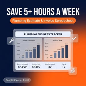 May include: A digital plumbing business tracker spreadsheet for Google Sheets and Excel. The interface displays bar charts for quotes generated and invoices paid, with summary totals for quotes, invoices, jobs completed, and clients. Text reads SAVE 5+ HOURS A WEEK.