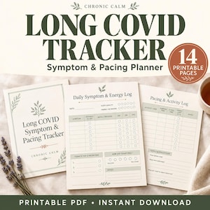 Op de afbeelding: Een printbare PDF-set van 14 pagina's voor het bijhouden van Long COVID-symptomen en pacing. De documenten bevatten een voorpagina, een dagelijks symptoom- en energielogboek en een pacing- en activiteitslogboek voor het noteren van gegevens.