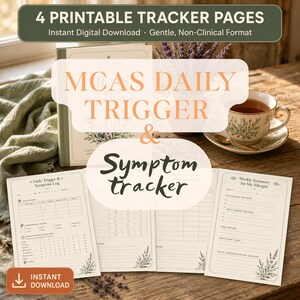 May include: Four printable tracker pages for monitoring daily triggers and symptoms, featuring a log for daily triggers, environmental factors, and a weekly summary. The pages include floral illustrations and text headers such as Daily Trigger & Symptom Log and Weekly Summary for My Allergist.