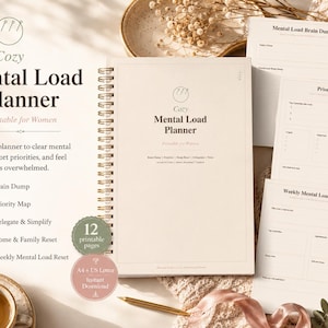 Peut inclure: Un agenda à reliure spirale intitulé Cozy Mental Load Planner avec une couverture crème et une reliure métallique dorée. L'ensemble comprend douze pages imprimables avec des sections pour le brain dump, la carte des priorités et le reset hebdomadaire.