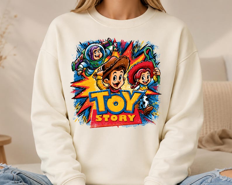 May include: A cream-colored crewneck sweatshirt featuring a vibrant graphic print of Buzz Lightyear, Woody, and Jessie from Toy Story. The design includes a colorful starburst background and the bold blue and yellow Toy Story logo text.