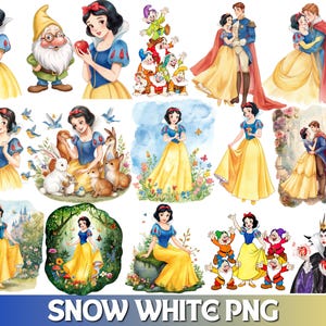 Puede incluir: Una colección de ilustraciones digitales que presentan a Blancanieves, los siete enanitos, el príncipe y la reina malvada. Los personajes aparecen en varias poses, incluyendo escenas con animales del bosque, flores y castillos.