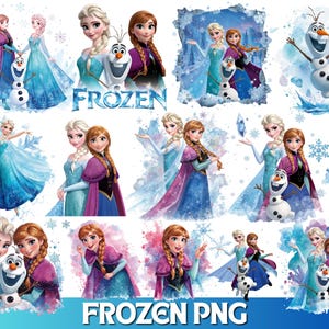 Puede incluir: Una colección digital de ilustraciones de los personajes de Frozen con Elsa, Anna y Olaf en varias poses. Los gráficos muestran a los personajes con sus atuendos azules y morados, rodeados de copos de nieve, cristales de hielo y un castillo.
