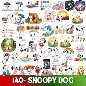 Op de afbeelding: Een verzameling van 140 Snoopy-hondillustraties met diverse activiteiten zoals surfen, kamperen, baden en reizen. De afbeeldingen bevatten Snoopy met ballonnen, harten, muziekinstrumenten en tekst zoals 'Snoopy', 'Don't Worry Be happy' en 'Have an awesome day'.
