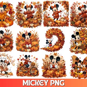 May include: A collection of twelve digital illustrations featuring Mickey and Minnie Mouse in autumn settings with orange pumpkins, sunflowers, and fall foliage. The characters wear sweaters and scarves, with some scenes showing them on a bicycle or standing together. The text "MICKEY PNG" appears at the bottom.