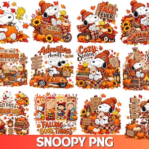 Puede incluir: Una colección de doce ilustraciones digitales con Snoopy y sus amigos en entornos otoñales con calabazas, girasoles y follaje de otoño. Los diseños incluyen textos como 'Fall Fever', 'Adventure Awaits', 'Cozy Season' y 'Life is Better in Fall'.