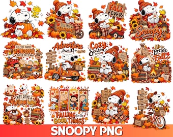 Może przedstawiać: Kolekcja dwunastu cyfrowych ilustracji przedstawiających Snoopy'ego i przyjaciół w jesiennej scenerii z dyniami, słonecznikami i jesiennymi liśćmi. Projekty zawierają napisy takie jak 'Fall Fever', 'Adventure Awaits', 'Cozy Season' i 'Life is Better in Fall'.
