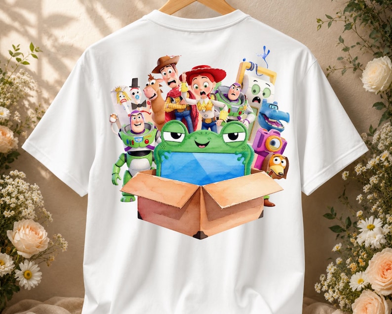 May include: A white t-shirt featuring a colorful graphic print of various Toy Story characters, including Woody, Jessie, and Buzz Lightyear, gathered around a brown cardboard box with a green frog-shaped object inside the box.