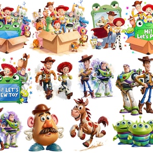 May include: A collection of Toy Story character illustrations featuring Woody, Buzz Lightyear, Jessie, Mr. Potato Head, Bullseye, and the green aliens. Some images show characters in cardboard boxes with text reading Hi! Let's Play or Hi! LET'S NEW TOY.