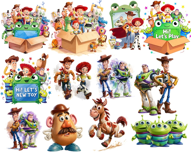 May include: A collection of Toy Story character illustrations featuring Woody, Buzz Lightyear, Jessie, Mr. Potato Head, Bullseye, and the green aliens. Some images show characters in cardboard boxes with text reading Hi! Let's Play or Hi! LET'S NEW TOY.