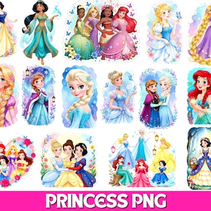 May include: A collection of digital illustrations featuring various animated princesses in colorful gowns, including characters with long blonde hair, red hair, and dark hair, surrounded by floral and butterfly motifs, with the text PRINCESS PNG.