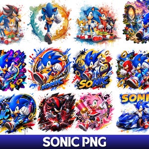 May include: A collection of twelve digital illustrations featuring Sonic the Hedgehog characters including Tails, Knuckles, Shadow, and Amy Rose in dynamic action poses with vibrant watercolor splashes, golden rings, and the text SONIC.