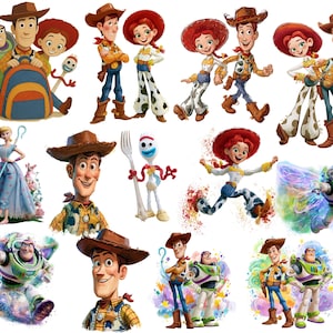 May include: A collection of digital illustrations featuring characters from Toy Story, including Woody, Jessie, Buzz Lightyear, Bo Peep, Forky, Rex, and Slinky Dog in various poses, some standing together and others depicted with colorful, swirling energy effects.