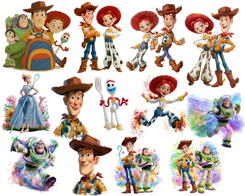 May include: A collection of digital illustrations featuring characters from Toy Story, including Woody, Jessie, Buzz Lightyear, Bo Peep, Forky, Rex, and Slinky Dog in various poses, some standing together and others depicted with colorful, swirling energy effects.