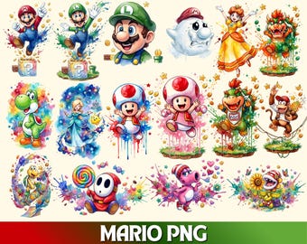 Super Mario PNG, Super Mario Friends Watercolor PNG, Princess Peach png, Luigi, Mario png, Mario Kart, Birthday Party, Super Mario Galaxy
