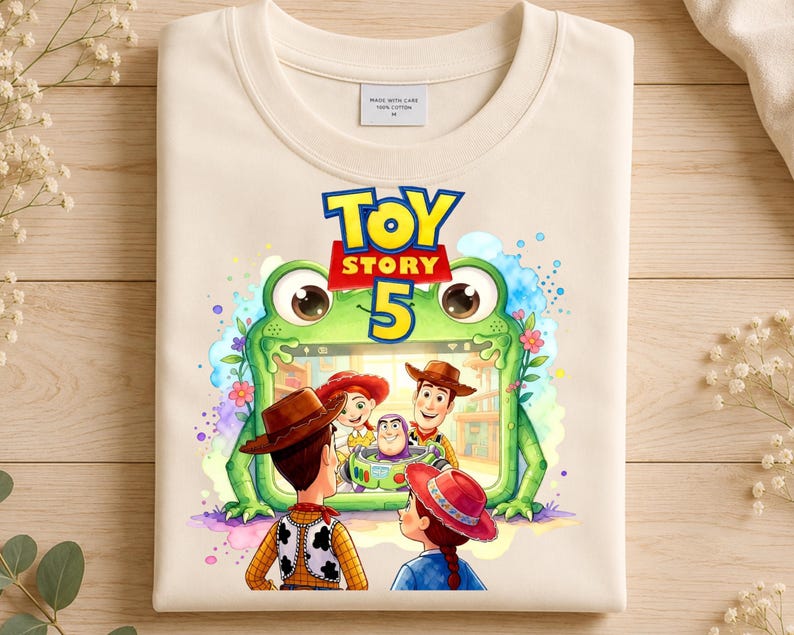 May include: A cream-colored t-shirt featuring a graphic print of a green frog-shaped frame containing Toy Story characters Woody, Jessie, and Buzz Lightyear. The text Toy Story 5 is printed in blue and red above the frame. The shirt has a tag.