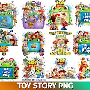 Könnte beinhalten: Eine Sammlung von digitalen Toy Story 5 Grafiken mit verschiedenen Charakteren wie Woody, Buzz Lightyear und Jessie. Die Designs enthalten einen grünen, froschförmigen Rahmen mit dem Text Hi! Let's Play, Toy Story 5 und Life is Better with Toy Friends.