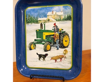 Vintage John Deere Schlittenfahrt mit Papa Blechtablett 1999 RL Crouse Modell 730 Blau