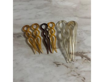 Vintage französisches Haarnadel-Set, 6-teilig, gewellte Haarnadeln aus Zelluloidharz, Bernstein-Schildpatt