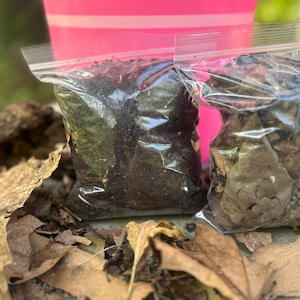 Puede incluir: Dos bolsas de plástico transparente con cierre hermético que contienen materiales orgánicos. Una bolsa está llena de tierra o sustrato de color marrón oscuro, mientras que la otra contiene hojas secas de color marrón y restos orgánicos.