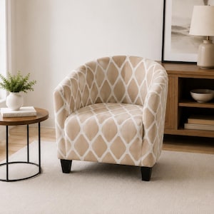May include: A barrel-style accent chair featuring a light beige fabric upholstery with a repeating white diamond lattice pattern. The chair has a curved backrest, integrated armrests, and four short, sturdy black legs for support.