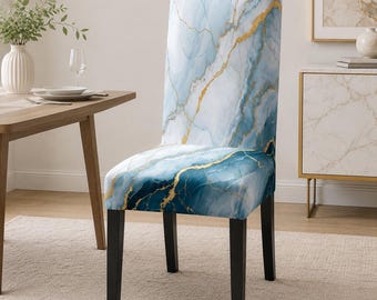 Blue Marble Gold Vein Dining Chair Cover, Stretch Fabric Seat Protector