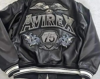 Avirex 75th Anniversary Leather Varsity Jacket ,Embroidered Eagle Heritage Streetwear