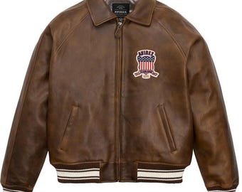 Avirex USA Brown Leather Varsity Jacket, Vintage American Bomber Style with Embroidered, Streetwear jacket