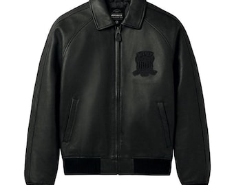 Avirex American Bomber Jacket. Genuine Cowhide Leather Varsity Jacket, Streetwear Biker Outerwear
