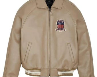 Chaqueta bomber Avirex American Flight. Chaqueta universitaria de cuero genuino de vaca, estilo streetwear motero.