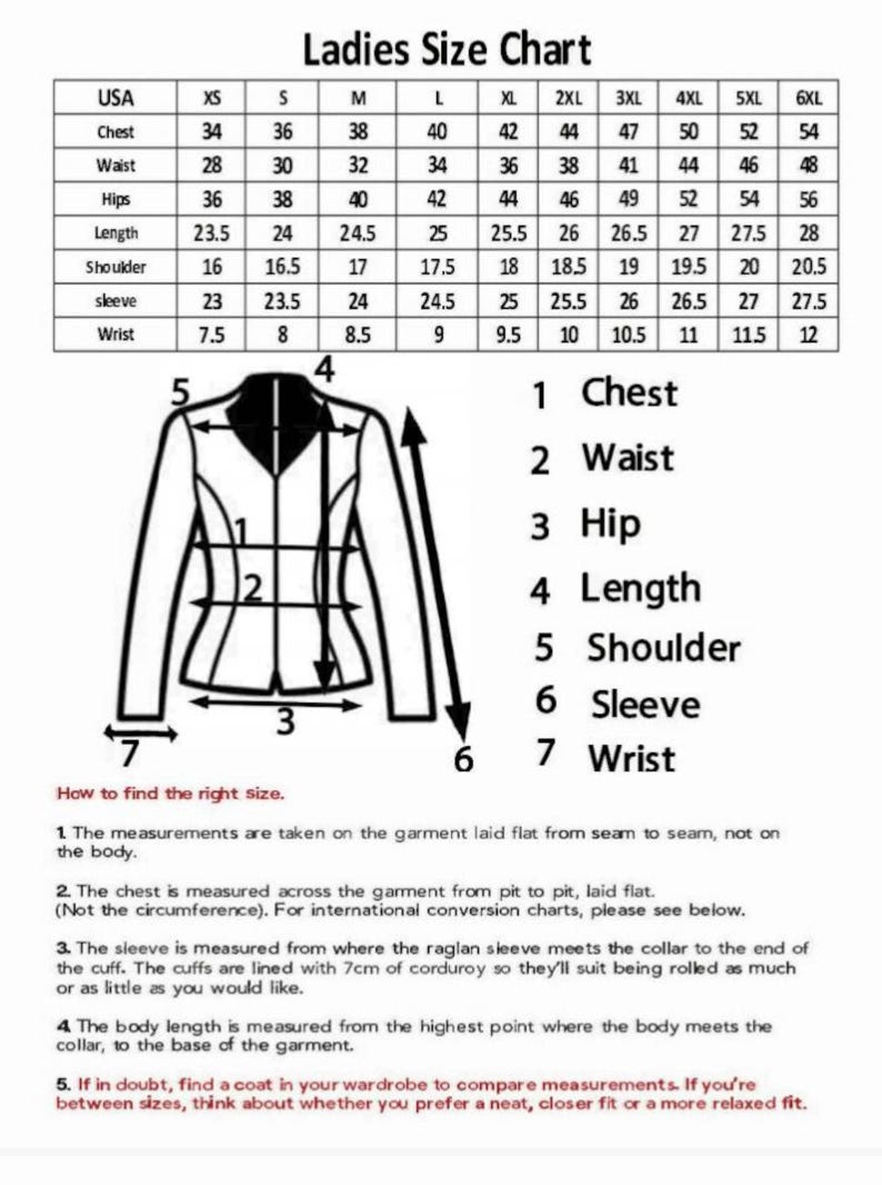 May include: A black and white size chart for a jacket, featuring a table with measurements in inches for sizes XS through 6XL. A line drawing of a jacket shows numbered arrows indicating where to measure the chest, waist, hip, length, shoulder, sleeve, and wrist.