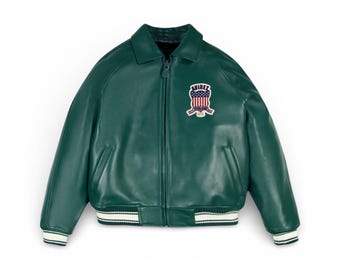 Chaqueta bomber de cuero verde Avirex USA, estilo urbano universitario vintage bordado