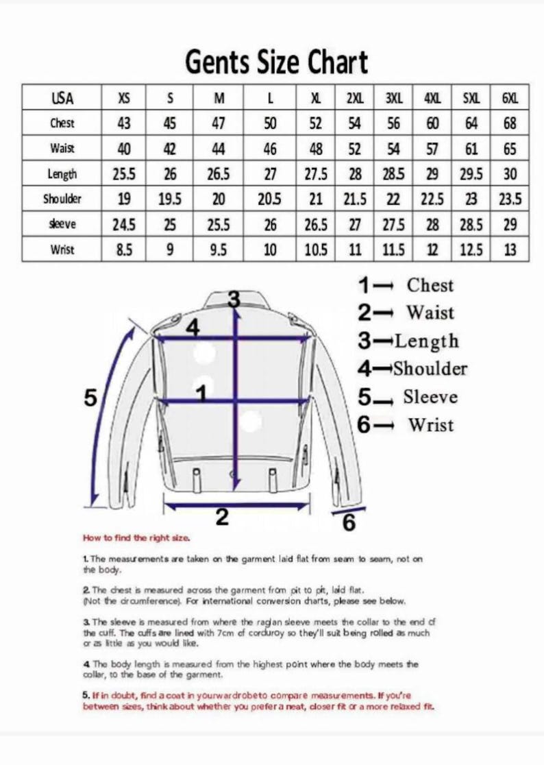 Op de afbeelding: Een maattabel voor heren met afmetingen in inches voor de maten XS tot en met 6XL. Onder de tabel staat een lijntekening van de achterkant van een jas met genummerde pijlen die de meetpunten voor borst, taille, lengte, schouder, mouw en pols aangeven.