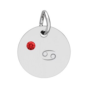 Op de afbeelding: Een ronde zilverkleurige hanger met een kleine, ronde, rode edelsteen aan de linkerbovenkant. Het oppervlak van de hanger is gegraveerd met het sterrenbeeld Kreeft en is voorzien van een zilverkleurige ring aan de bovenzijde.