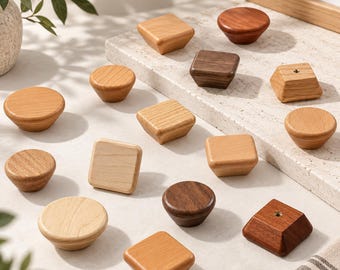 Solid Wood Cabinet Knobs, Round Square Drawer Pulls, Natural Grain Hardware, Customizable Name