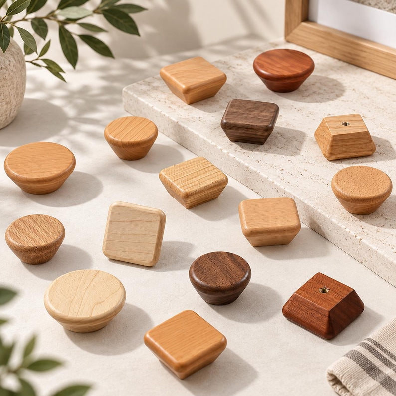 May include: A collection of wooden cabinet knobs in various shapes and wood tones. The set includes circular and square knobs featuring light, medium, and dark brown wood grains, each with a central metal threaded insert for mounting hardware.