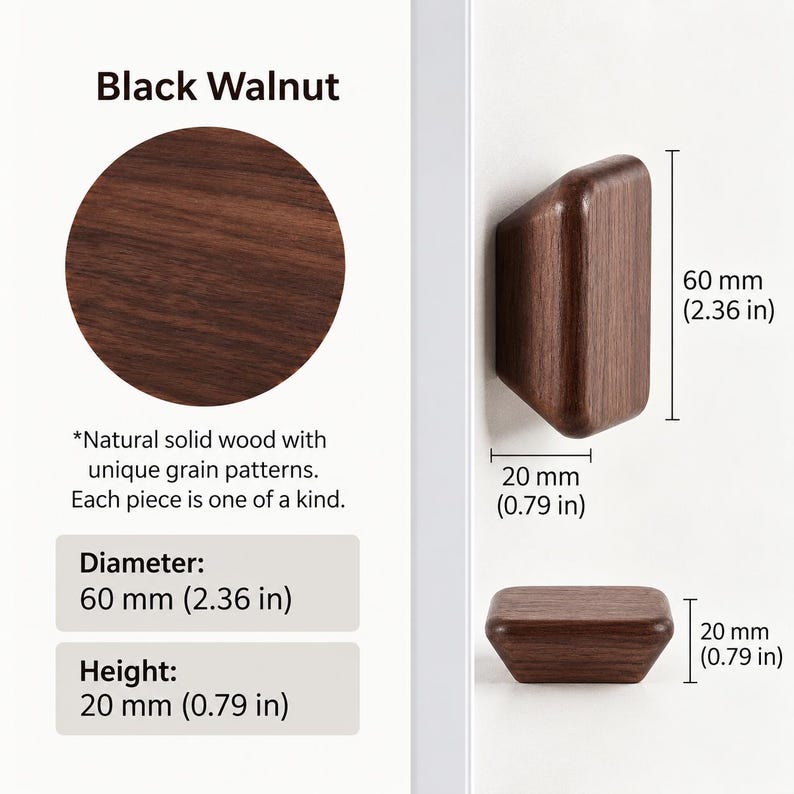 May include: A dark brown black walnut wood hook with a rounded rectangular shape. The hook measures 2.36 inches in height and 0.79 inches in width and depth. The text Black Walnut is visible along with dimensions in inches and millimeters.