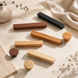 Solid Wood Cabinet Handles, Oak Black Walnut Drawer Pulls, Minimalist Wooden Cabinet Hardware
