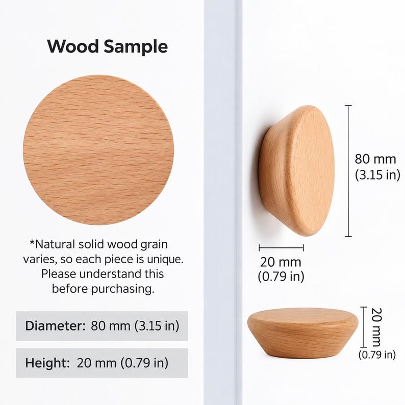 May include: A round light brown wooden knob with a visible grain pattern. Text includes Wood Sample, Diameter: 80 mm (3.15 in), and Height: 20 mm (0.79 in). The knob is shown from the front and side, with dimensions labeled as 80 mm (3.15 in) and 20 mm (0.79 in).
