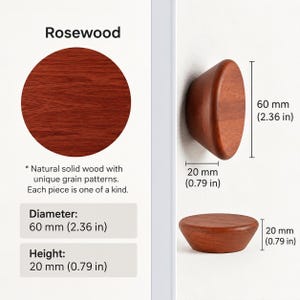 May include: A round rosewood wall hook with a visible wood grain. The hook has a diameter of 2.36 inches and a height of 0.79 inches. The text Rosewood, Diameter: 60 mm (2.36 in), and Height: 20 mm (0.79 in) is displayed alongside the product.