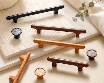 Solid Wood Cabinet Pulls and Knobs, Minimalist Drawer Handles, Oak Walnut Hardware