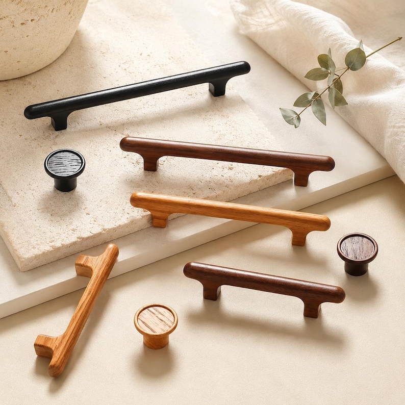 Puede incluir: Una colecci&oacute;n de herrajes para muebles que incluye varios tiradores de caj&oacute;n horizontales de madera en diferentes tonos de marr&oacute;n y negro, junto con pomos redondos a juego con centros circulares de textura visible.